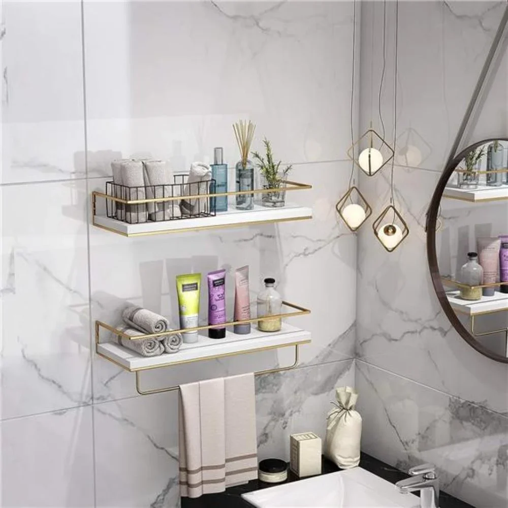 White Floating Shelves - Set of 2 Wall Mounted Hanging Shelves Golden Towel Rack